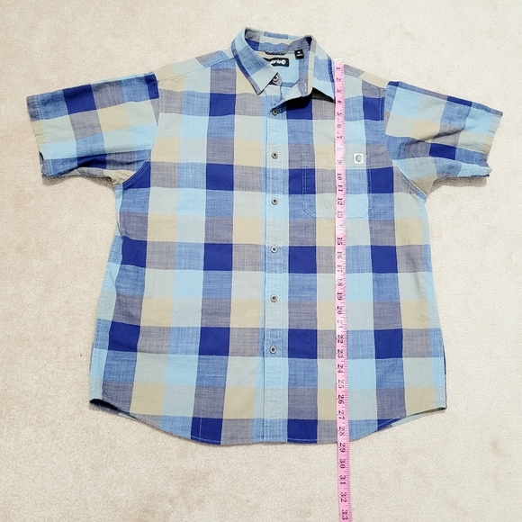 Solaris Men's Plaid Short Sleeve Button-Up Shirt Size M Blue Beige 100% Cotton - Picture 7 of 10